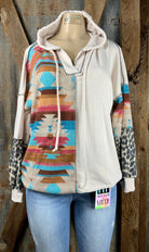 Lovely J. Aztec and animal print design contrasting with solid beige top with drawstring hoodie.  Small $15