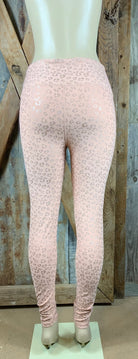 Mono B brand. Blush colored tummy control leggings with foil print leopard. Moisture-wicking and four-way stretch.