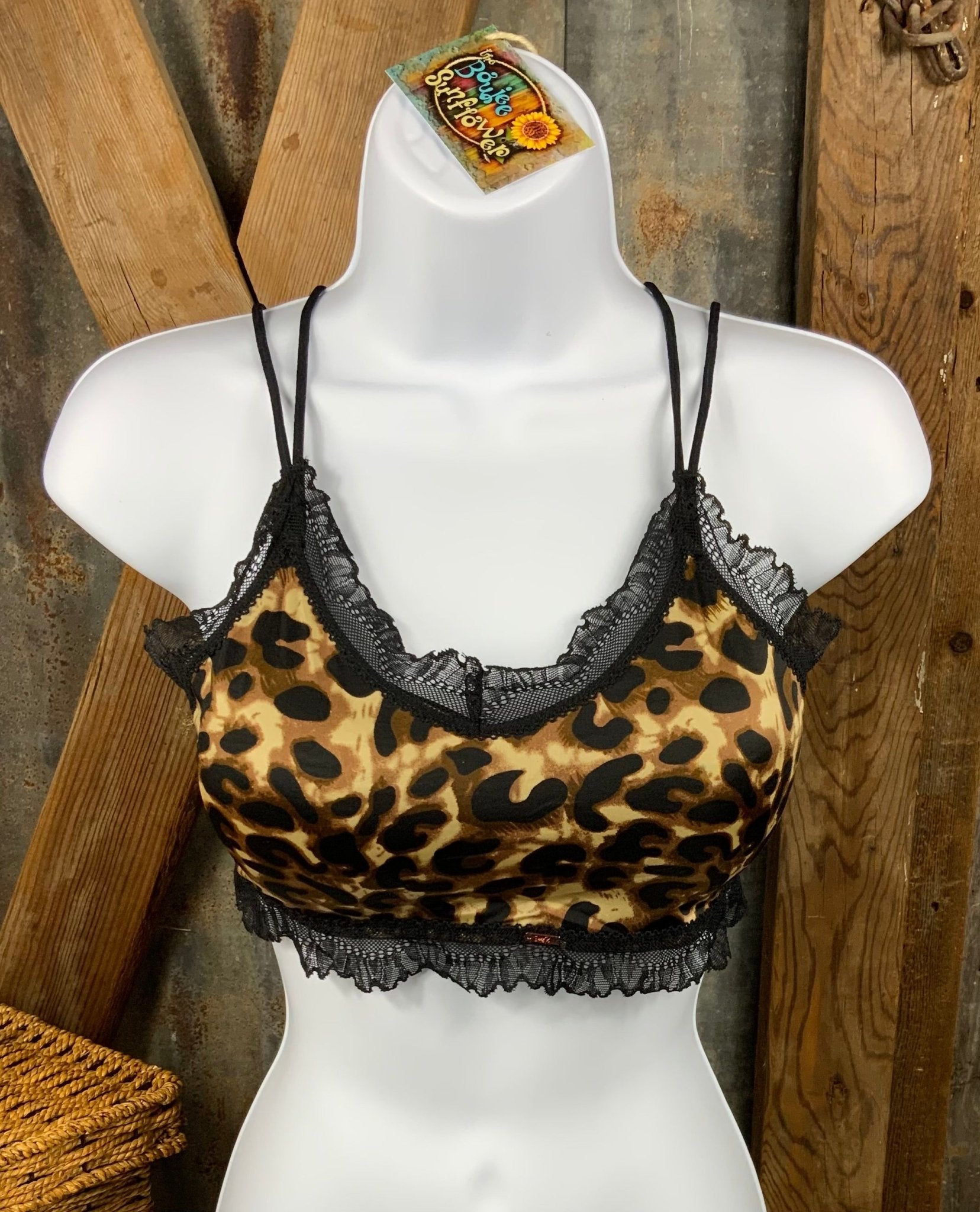 JadyK brand. Silky padded leapard and black lace bralette with spaghetti straps. S/M, M/L $18