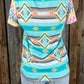 Celeste Clothing brand. This mint top has Aztec and mixed pattern multicolored designs and colorful chevron short sleeves.