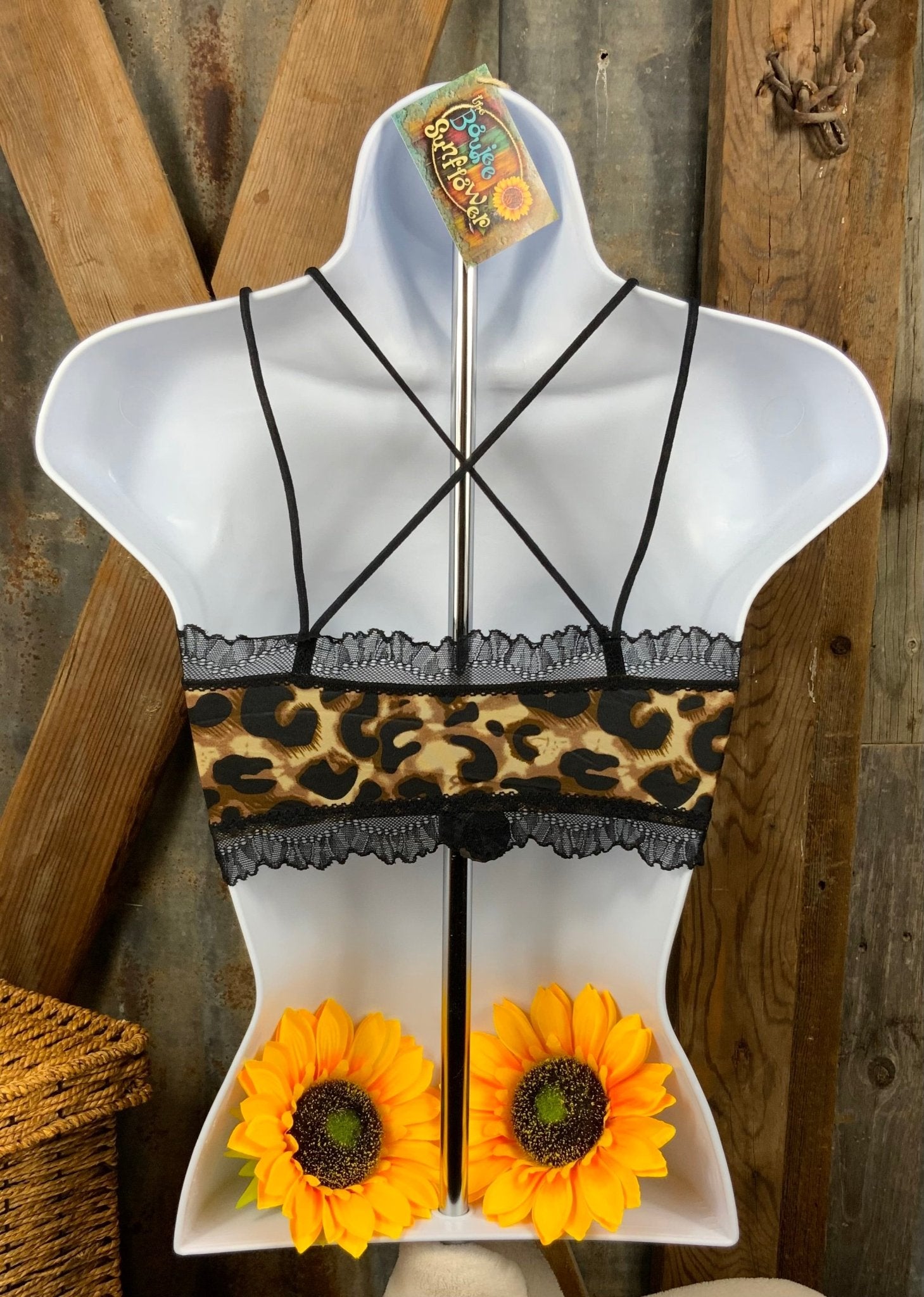 JadyK brand. Silky padded leapard and black lace bralette with spaghetti straps. S/M, M/L $18