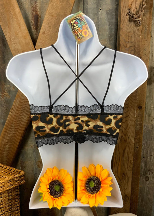 JadyK brand. Silky padded leapard and black lace bralette with spaghetti straps. S/M, M/L $18