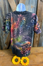 REMOVED BRAND. Reversed bleach tie dye black Bella Canvas tee. Multicolored psychedelic leopard and speckles. S $15