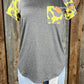 Celeste Clothing brand. Charcoal gray bodice with multicolored leopard short sleeves in yellow, orange and gray top.