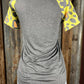 Celeste Clothing brand. Charcoal gray bodice with multicolored leopard short sleeves in yellow, orange and gray top.