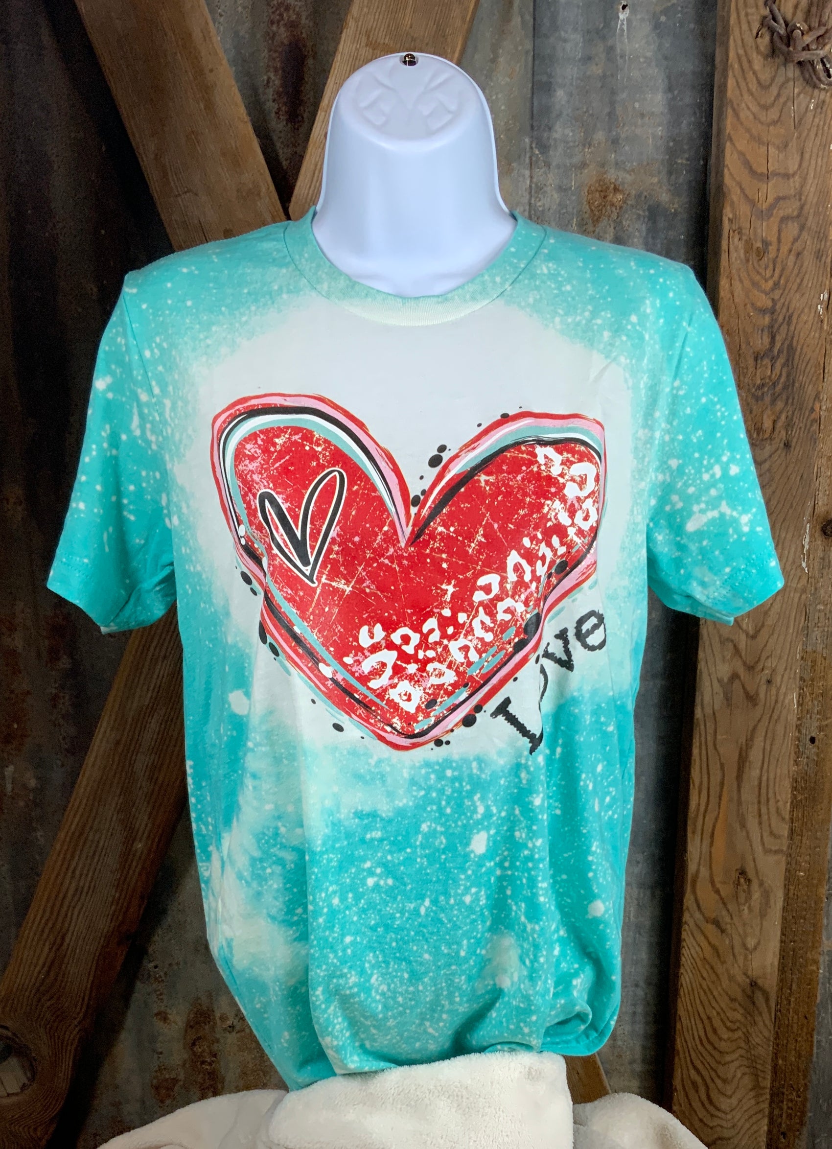 Eliza Jane Designs brand. Aqua bleached red heart graphic tee. S, M, L, XL, 2XL. $24