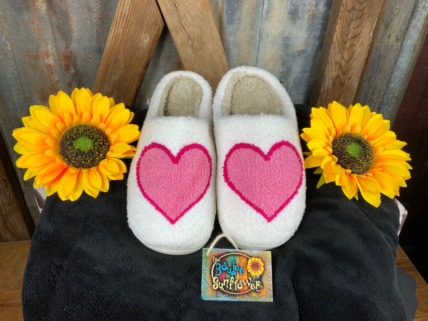 Katydid brand. Soft white exterior, soft beige interior slippers with pink hearts. Hard white rubber sole for indoor/outdoor wear. $18