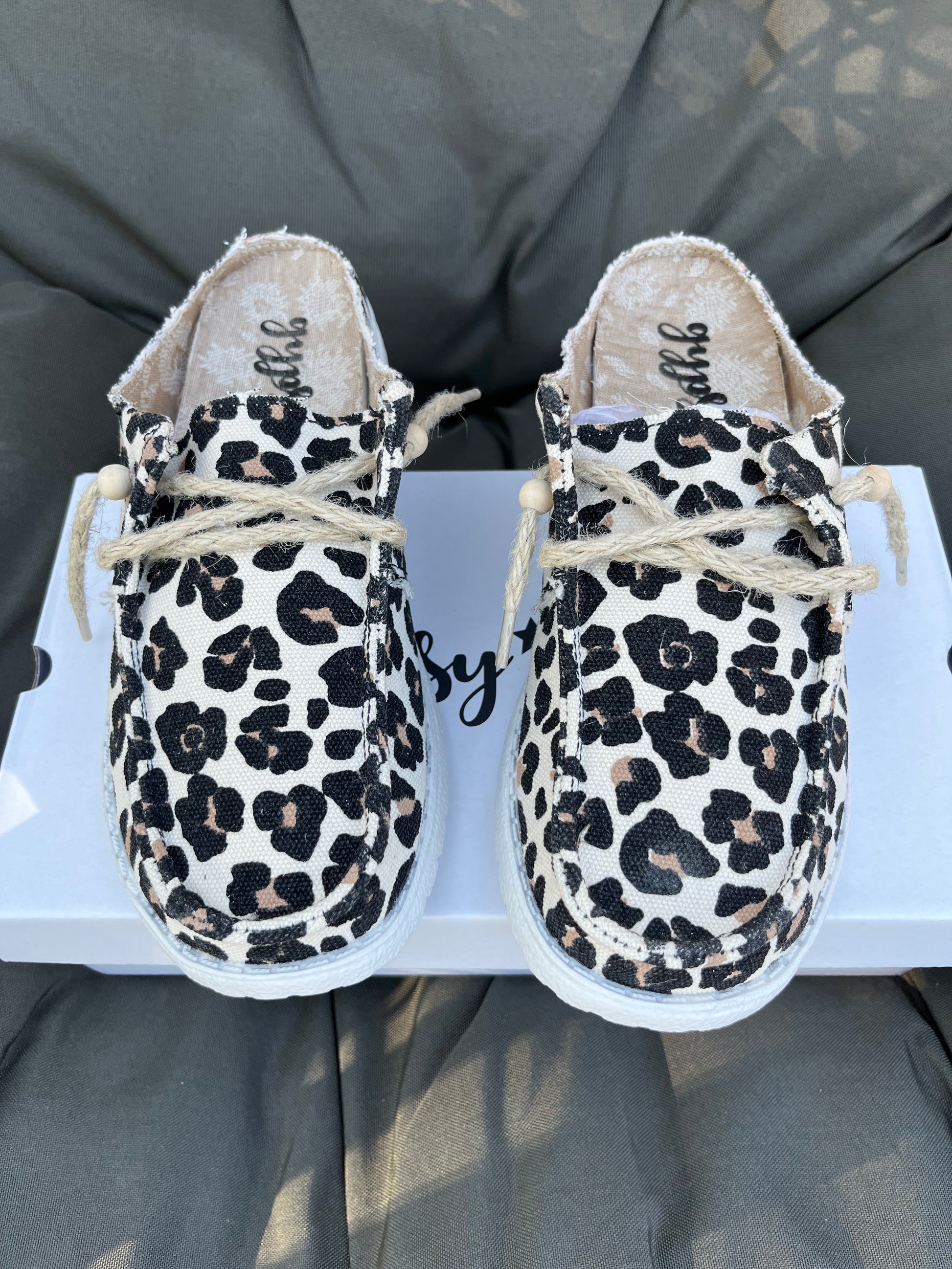 Gypsy Jazz brand. Leopard slip-on. Twine laces. Wooden bead accents.  White lightweight soles. Whole/Half sizes 6 to 9.5. Whole size only 9 and 10. $35