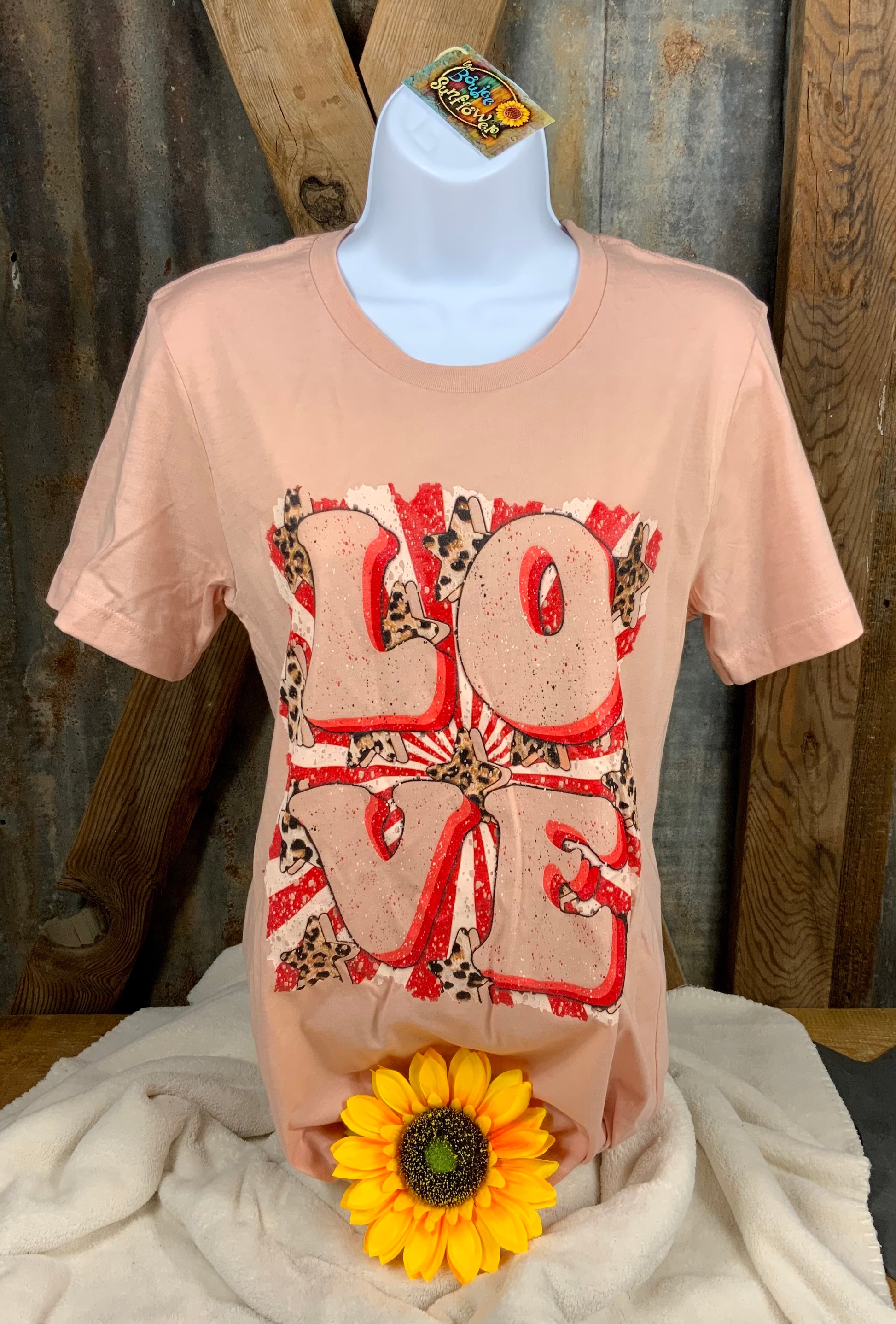 The Way Down South brand. Retro designed tee with love graphic in red and white with leopard stars. S, M, L $17.50