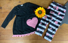 Yawoo Garment brand. Toddler. Black top with pink heart and pom pom trim. Elastic waist black and white leggings with pink hearts. Sizes 3T, 4T, 5-6T. $20