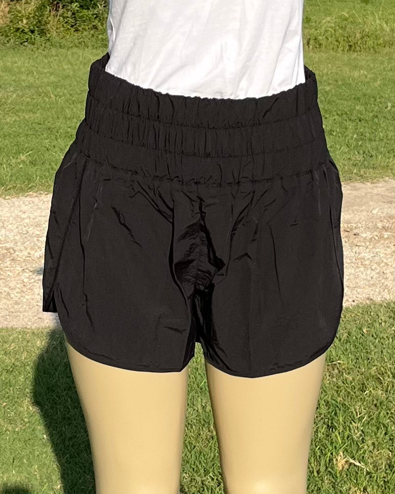 42POPS brand. Black, lined track shorts with smocked waist band and mesh back waist pocket. S, L, XL $15