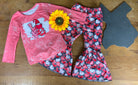 Yawoo Garments brand. Toddler set. Top is long sleeved with bleached look and gnome love graphic. Elastic waist leggings with bell bottoms and pink, red, and white candy hearts. 2T, 3T, 4T, 5-6. $15