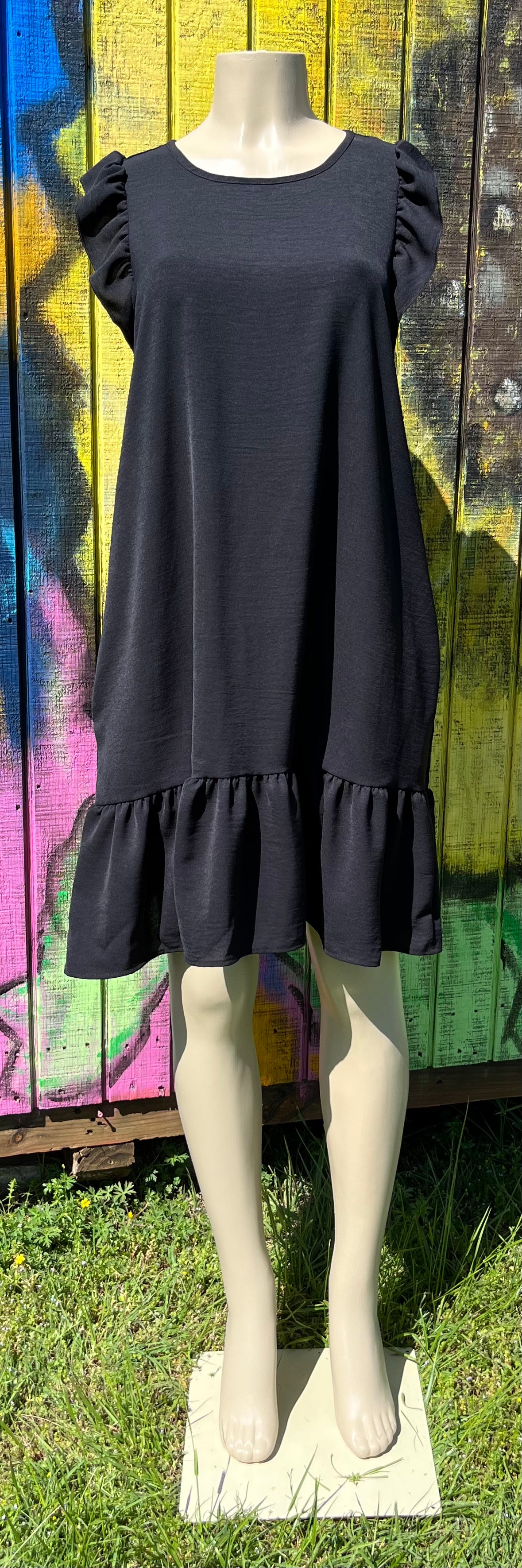 HEIMISH brand. Black butterfly sleeved, side pocket mini dress with ruffle detail. S, M, L. $23